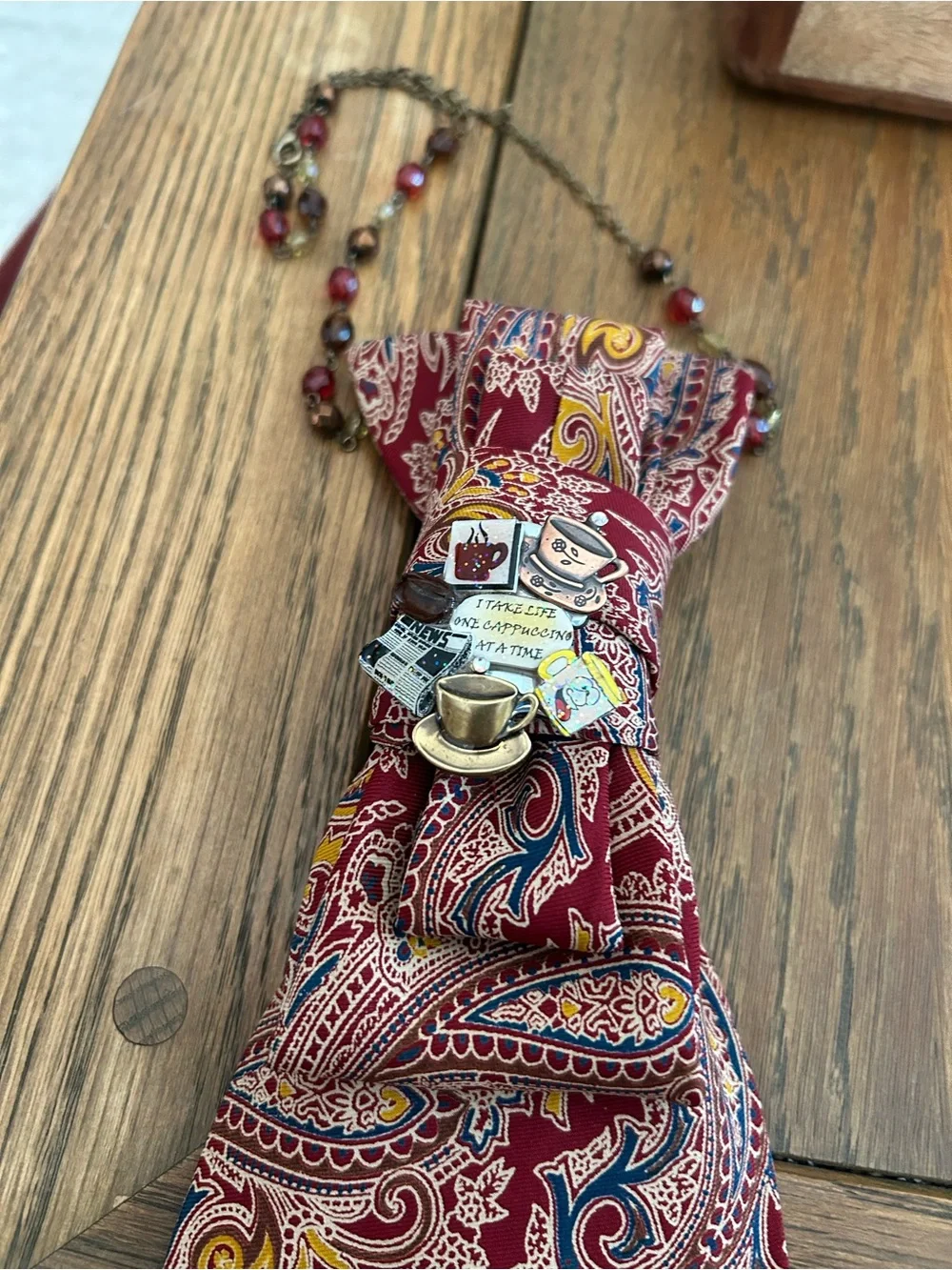 Women's Paisley Bow Tie Necklace in Burgundy